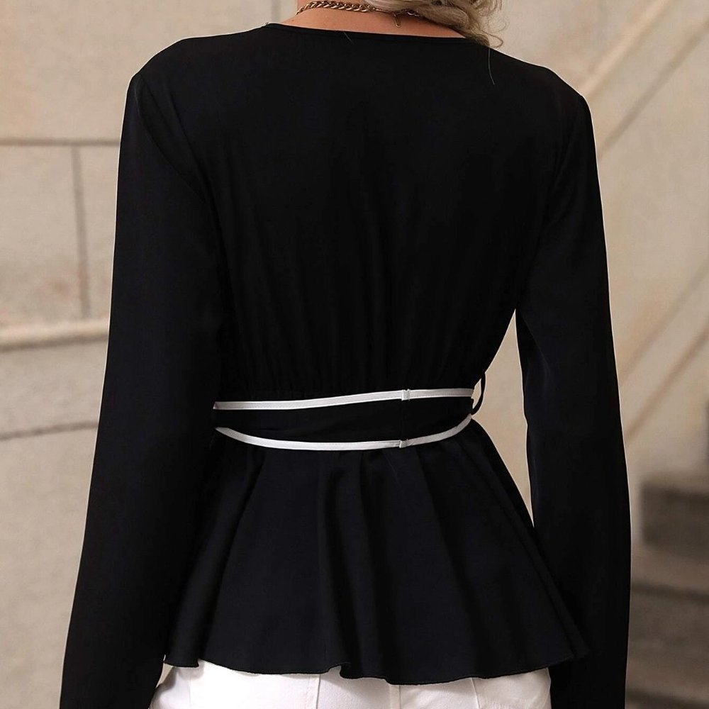 Black Preppy Womens Contrast Binding Belted Blouse - Picture 2 of 5